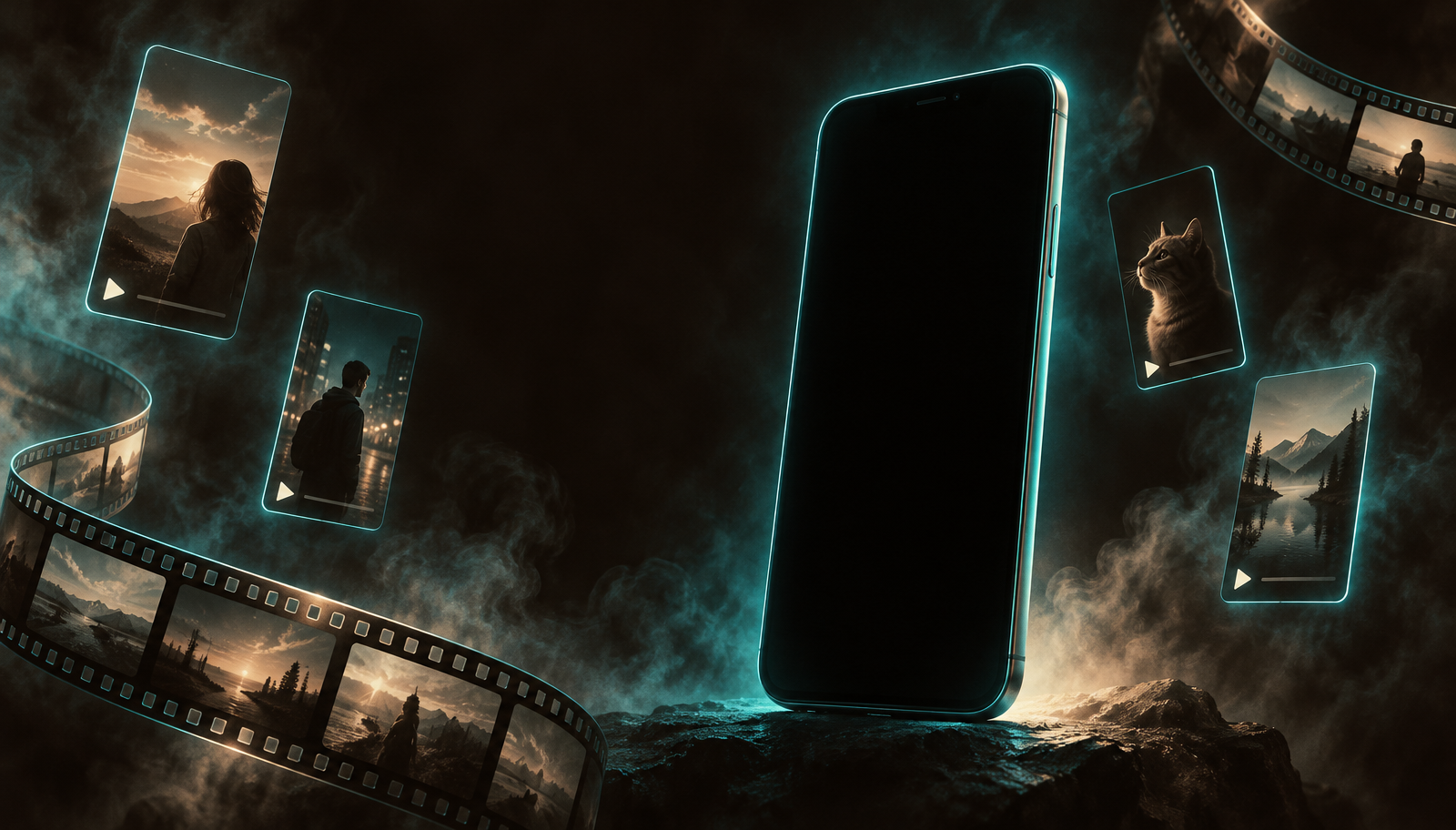 A glowing teal smartphone frame and a curling film strip drifting through espresso-brown haze